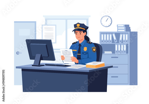 Police officer reviewing case files and paperwork at desk inside organized police office workspace in modern flat solid color vector illustration style