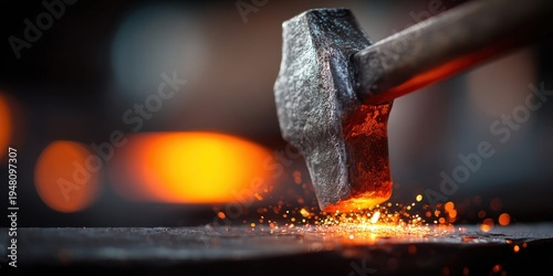 Close-up of a glowing hot metal being struck by a blacksmith's hammer with sparks flying