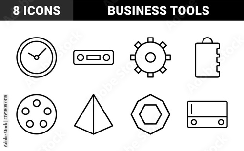 Business and productivity icon set. Vector pictograms of lightbulb, hourglass, megaphone, speech bubble, briefcase, and gears, thin outline illustration.