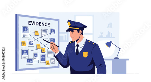Focused police detective studying evidence board with photos and notes inside investigation office in modern flat solid color vector illustration style