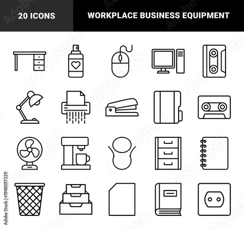 Office and stationery line icon set. Vector pictograms of computer, desk, lamp, shredder, stapler, coffee machine, fan, and filing cabinet, thin outline illustration.