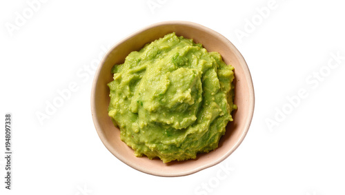 Tableau sur toile Isolated bowl of fresh chunky green guacamole dip, delicious healthy Mexican avocado snack food