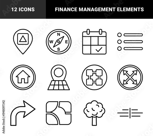 Business and finance icon set. Vector pictograms of calculator, briefcase, chart, lightbulb, handshake, money, and document, black silhouette illustration.
