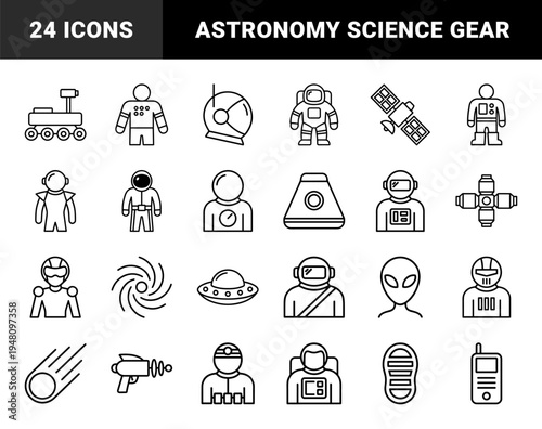 Space exploration line icon set. Vector pictograms of astronaut, satellite, rover, station, alien, saucer, and cosmic objects, thin outline illustration.