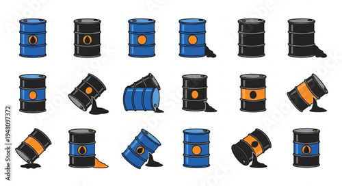 Collection of Oil Drums in Various States and Colors.