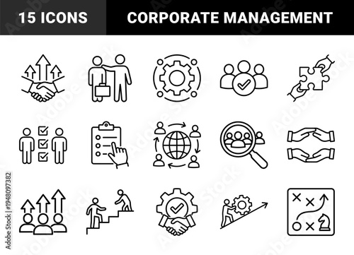 Business management and teamwork icon set. Vector pictograms of handshake, puzzle, strategy, checklist, recruitment, and growth, thin outline illustration.