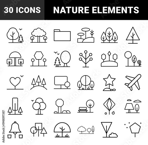 Nature and environment line icon set. Vector pictograms of trees, forest, plants, airplane, heart, star, folder, and park bench, thin outline illustration.