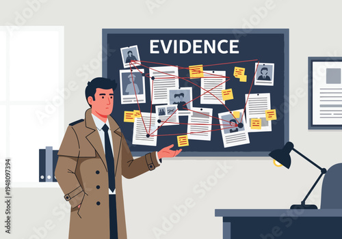 Focused police detective studying evidence board with photos and notes inside investigation office in modern flat solid color vector illustration style
