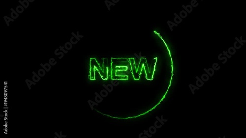 Neon green new text glowing inside curved arc on dark animated background, Promotional typography concept representing product launch and announcement display.