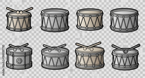 Collection of snare drums with drumsticks, musical instruments.