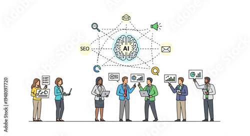 Team discussing AI and SEO strategies together professionally