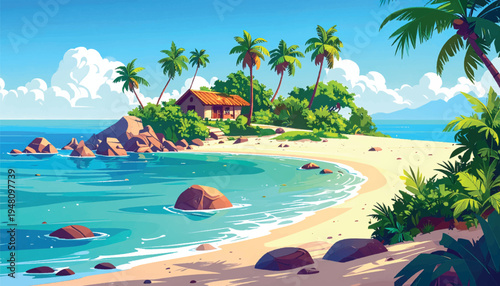 Hidden beach cottage beside clear water and gentle sandy curves. Secluded island shelter framed by palms, rocks, and bright sea. Quiet tropical retreat on a sunny shore with lush green scenery. 