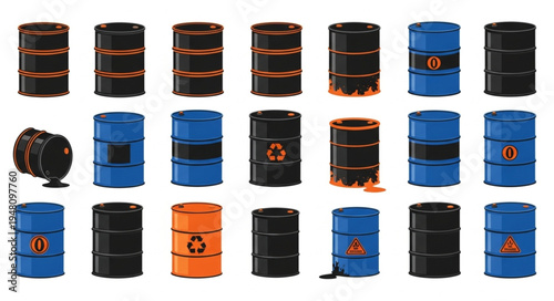 Collection of colorful oil barrels with different hazard symbols.