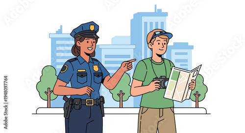 Friendly police officer giving directions to tourist in city street, clean flat vector illustration representing public service, safety assistance and community policing