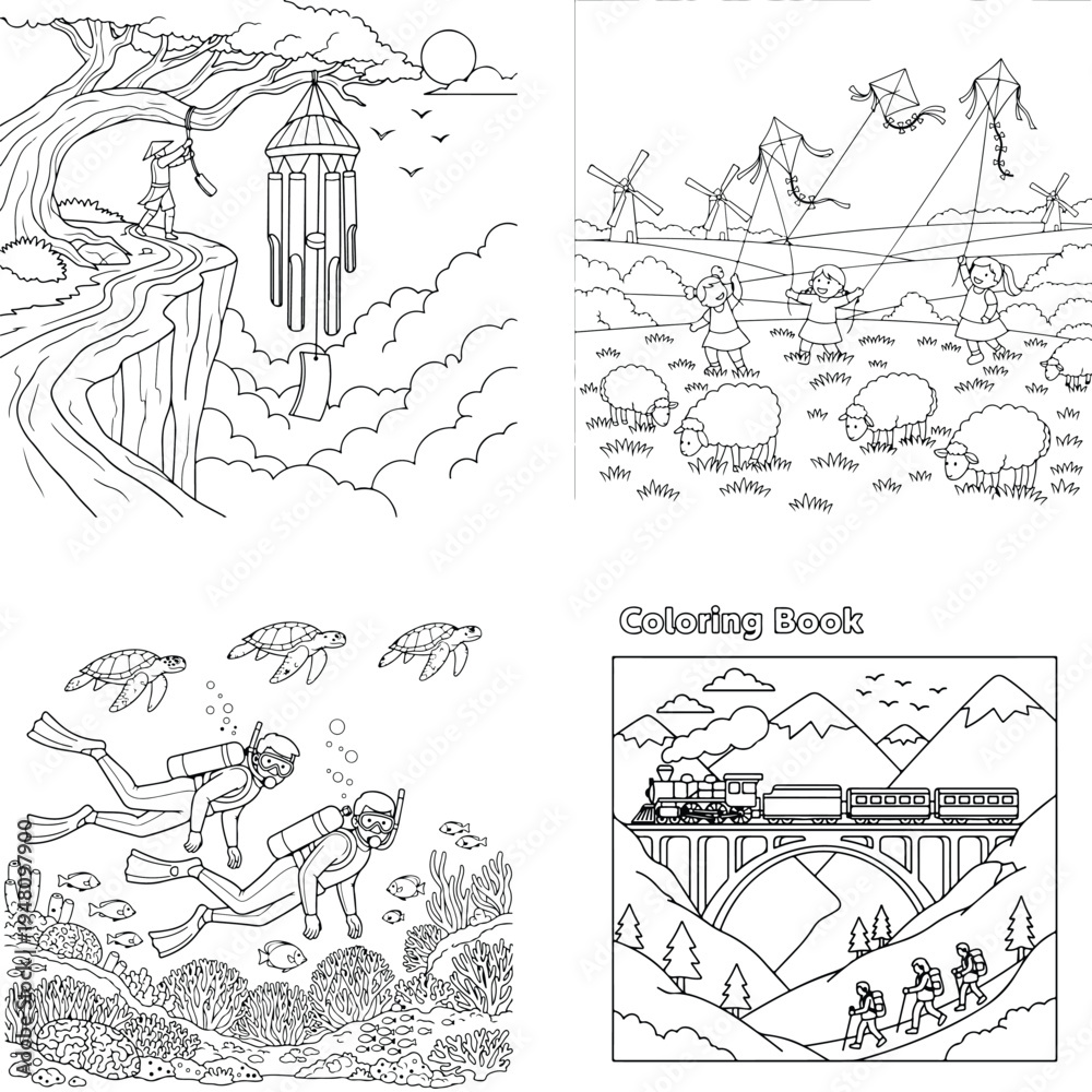 Fototapeta premium Adventure coloring book: fantasy cliff, rural scene, scuba divers & mountain train line art