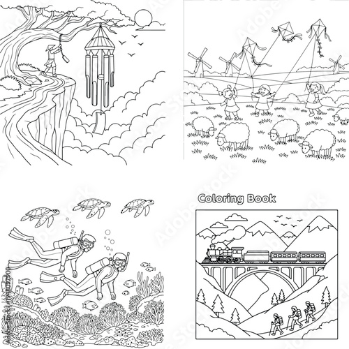 Adventure coloring book: fantasy cliff, rural scene, scuba divers & mountain train line art