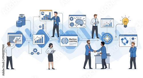 Business professionals collaborating on machine learning project with data analysis and innovative ideas