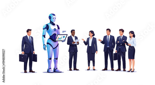 Business professionals interacting with advanced AI robot in modern office