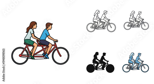Couple Riding a Tandem Bicycle: Colorful Illustration and Variations.