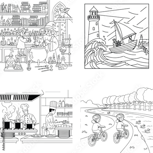 Coloring book activities: alchemist lab, lighthouse, chefs cooking & kids biking line art