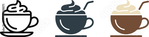 Minimalist coffee cup vector icons set featuring whipped cream topping and saucer in outline solid and brown styles.
