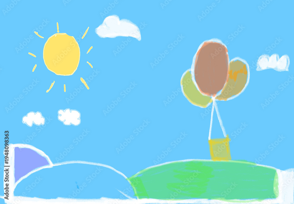 Naklejka premium Hand drawn cute hot air balloon flying in blue sky with sun and clouds illustration