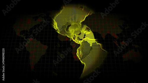 Abstract globe and world map with glowing outlines and infection points animation, Global monitoring concept representing pandemic spread and crisis visualization.