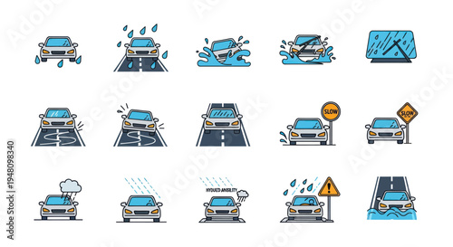Collection of Car Icons Illustrating Driving Conditions and Hazards.