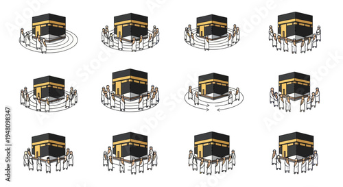 Multiple depictions of the Kaaba the holy site in Mecca with surrounding figures.