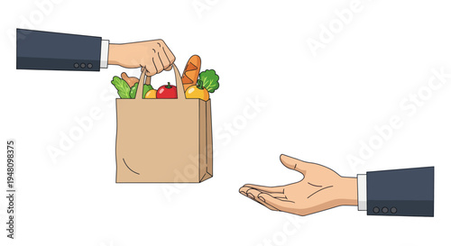 Hand placing fresh groceries into a brown paper bag another hand reaching to receive it.