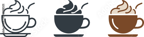 Minimalist coffee cup vector icons set featuring whipped cream topping and saucer in outline solid and brown styles.