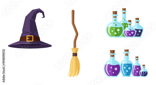 Halloween Witch Hat Broom and Potions Set for Spooky Celebrations.
