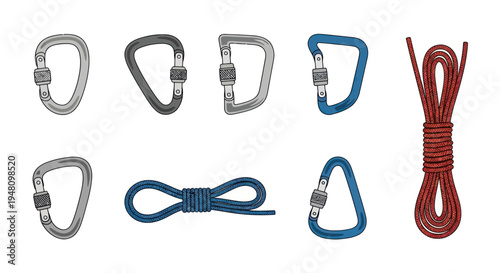 Assortment of Climbing Carabiners and Ropes for Outdoor Adventures.