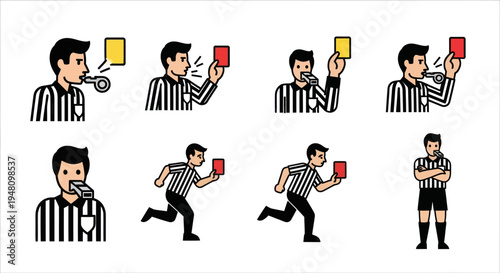 Cartoon Soccer Referee Character Poses with Whistle Yellow and Red Cards.