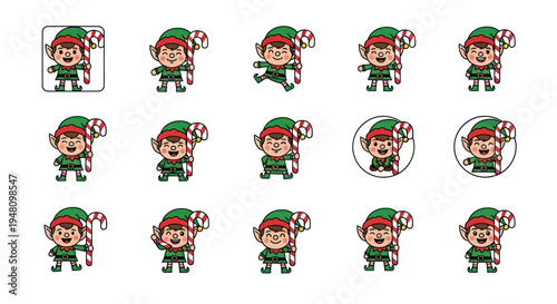 Collection of Cartoon Christmas Elf Characters with Candy Canes in Various Poses.