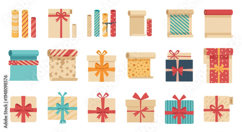 Collection of festive gift boxes and decorative wrapping paper rolls.
