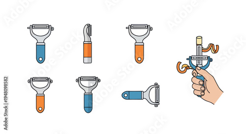 Assortment of Kitchen Peelers and a Hand Holding a Peeler with Vegetable Peels.