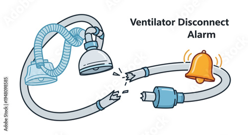 Ventilator Disconnect Alarm: Illustration of a Broken Ventilator Tube with Alarm Bell.