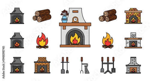 Colorful cartoon fireplace icons set with burning logs hearths and tools for warmth and comfort.