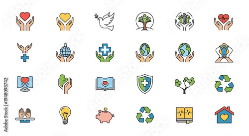 Collection of Charity and Environmental Icons with Hands Hearts and Symbols.