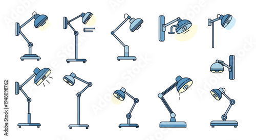 Collection of Blue Articulated Desk Lamps with Adjustable Heads.