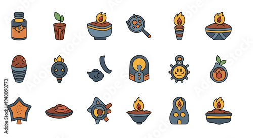 A colorful set of hand-drawn fantasy icons for adventure magic and alchemy themes.