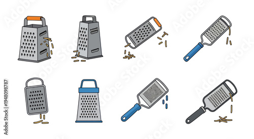 Assorted Illustrations of Metal Kitchen Graters with Handles and Blades.