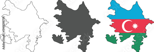Azerbaijan map vector icons set featuring national flag colors and geographic border outlines in minimalist flat graphic styles.