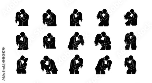 Silhouettes of couples in romantic embraces and kisses.