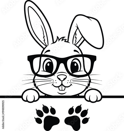 Ester vector illustration of a glasses wearing bunny peeking over a line with paw prints