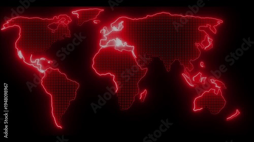 Red neon world map outline glowing on dark animated background global concept, Digital earth visualization representing international data communication networks, Futuristic world map animation.