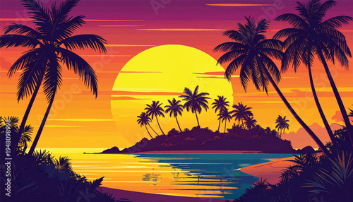 Golden lagoon sunset beside a palm island and curved shoreline. Luminous coastal vista with glowing water and dramatic foliage. Tropical bay evening featuring radiant disc and mirrored surface. 