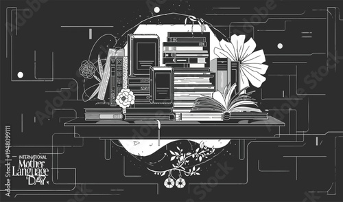 Book lovers book design with books, flowers,  abstract modeling in black and white vector illustration for banner 