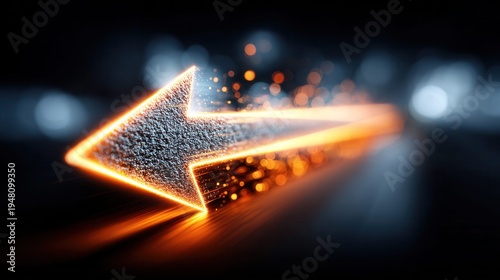 Abstract glowing arrow made of particles moving forward with light streaks and bokeh